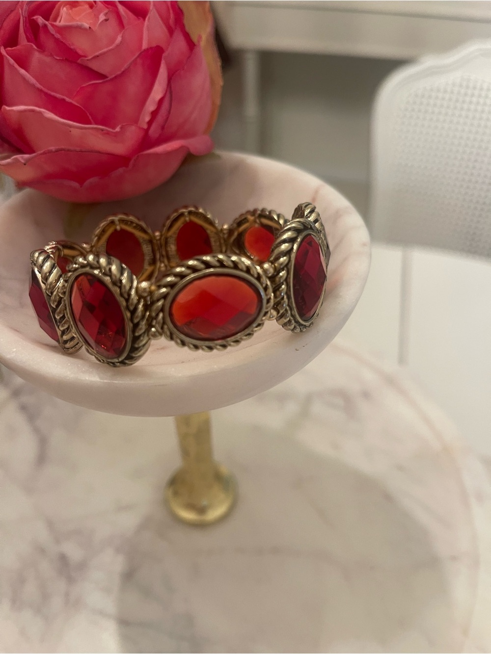 Gold-Tone Red Gemstone Stretch Bracelet - Women Jewelry